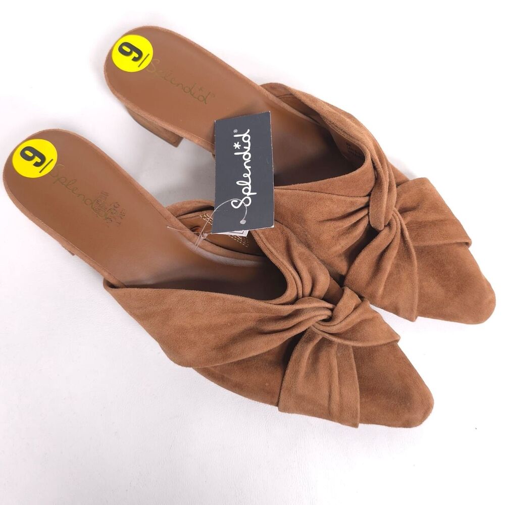 Splendid New Lanis GENUINE SUEDE LEATHER Mules 9 M Caramel Knot Heeled Pointed - Picture 13 of 15